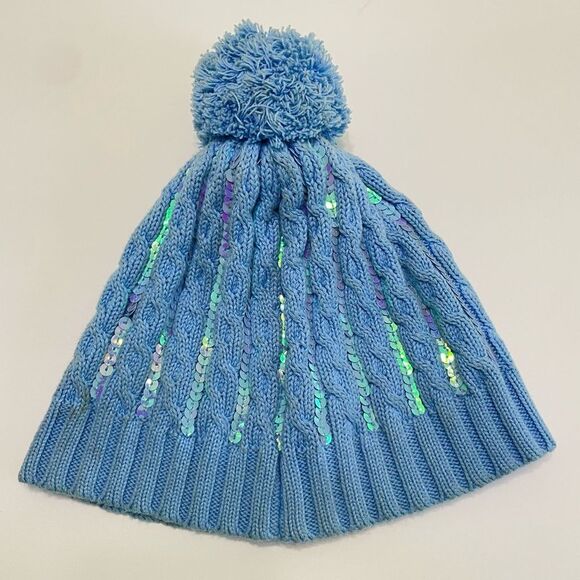 Children’s Place Cotton Cable Knit Winter Hat Blue Sequins Pom Girls Size 7-8 - Picture 10 of 10
